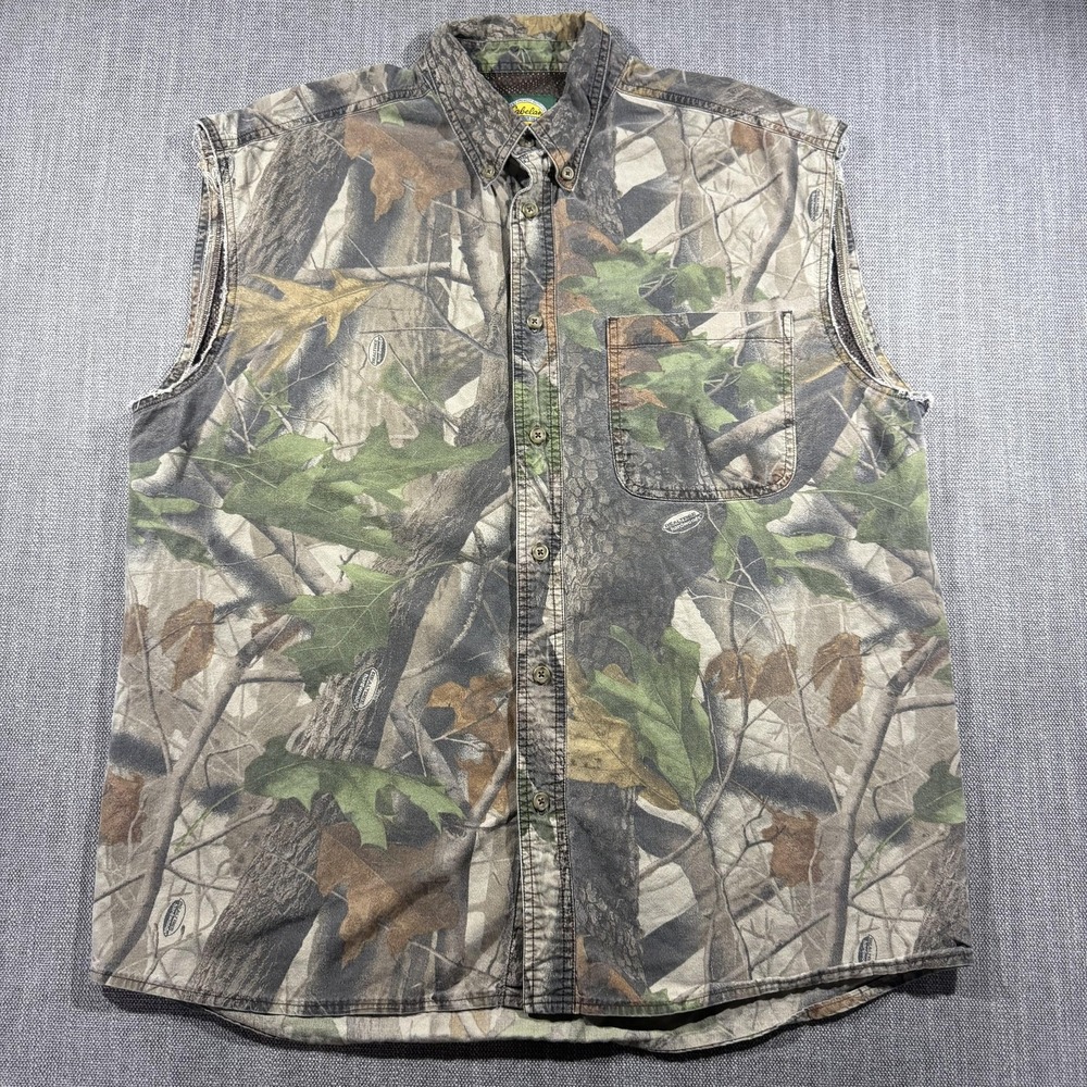 Cabela's Shirt Mens Large Brown Camo Sleeveless Button Front Hunting‎ Outdoor